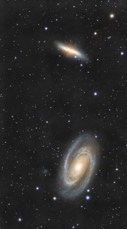 M81 & M82
M81 is the primary galaxy in the group of galaxies which are closest to the Milky Way/ Andromeda group, and is similar to our local group of galaxies. 
In the image you see M81 a grand spiral galaxy with the blue star forming arms, and the core of older cooler stars. 
M82 is a starburst galaxy, with density waves stirred up by a close encounter with M81, driving gas and dust together, we can see the Hydrogen gas emitting light in the red colour. The compressed gas creates many new stars.
We also see Holmburg IX, the blue blob to the side of M81, this is a small irregular galaxy, and satellite galaxy of M81.
The image taken with the #seestars50, 10h 7m exposure taken over two days
Link-words: Galaxy Messier