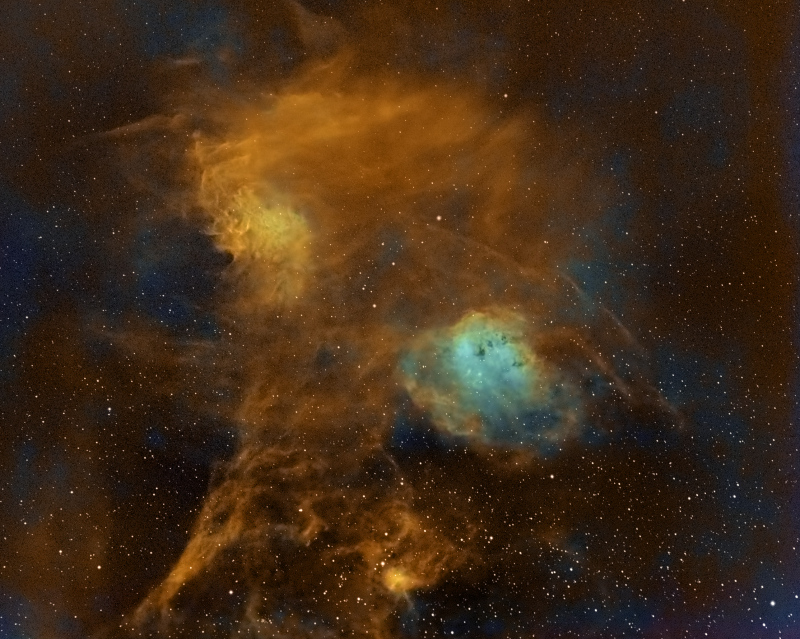 Flame, Tadpoles and Spider Nebulae 
Originally imaged in 2020 but could not get the Oiii and Sii to stand out.  Decided to reproces sit with new imaging skills and StarExterminator to help. 
IC405 and IC410 + IC417

Taken from SE London UK Bortle 8

Atik460EX and Samyang 135mm F2.8

Ha 17 x 600, Ha 4 x 900
Oiii 13 x 300 Binned x 2
Sii 13 x 300 Binned x 2
RGB 7 x 150 each

Total 6h 32mins Taken over 2 evenings
Link-words: CarolePope