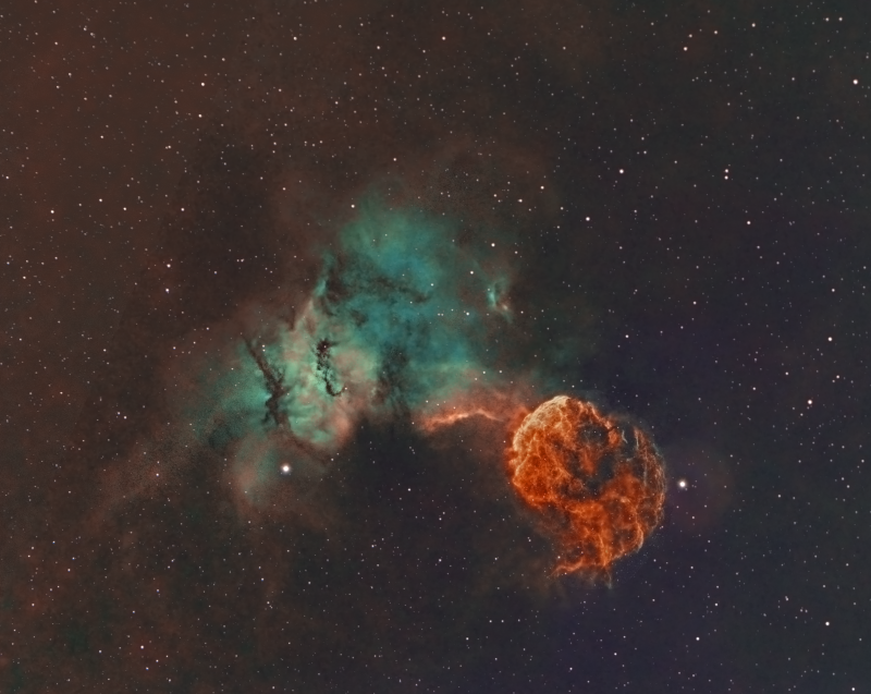 Jellyfish Nebula IC443 and IC444 
Captured with Samyang lens 135mm and Atik 460EX. Plus some Ha data from a SW Esprit 100 (jellyfish only)

Some Ha data is from 2020.
Ha 20 x 600secs 
Oiii 10 x 300 binned x 2
Sii 12 x 300 binned x 2.

Processed in Photoshop with SX and GE plugins

Taken in SE London Bortle 7/8
Link-words: CarolePope