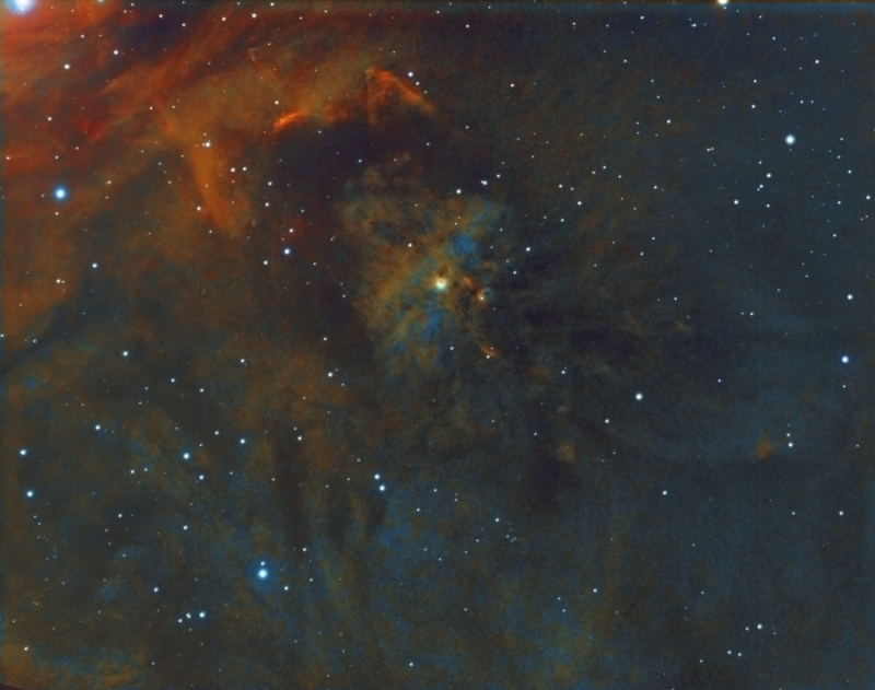 NGC1999
A faint Nebula, situated just below the Orion Nebula M42, (it is just off the screen top left corner in this image).  
It is still noisy, but at 7 1/2 hours don't think I am going to waste any more time on it from Bromley.  I can see why it is not often done.  
Ha 5 hours, Oiii 1h 10m binned x 2 (nothing in Oiii), and Sii 1hr 15mins binned x 2
Link-words: CarolePope