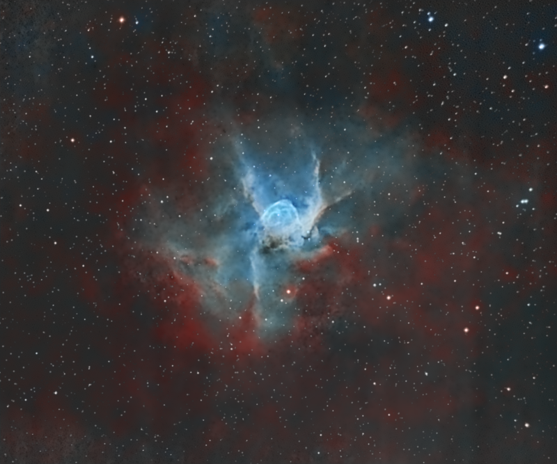 Thor's Nebula NGC2359
An image I took back in 2018 at Cairds DSC, but was never happy with it.  Limited time at camp meant I could not get any more data.  
This is a reprocess using improved skills and new imaging tools
20 x 600 Ha
17 x 600 Oiii
Atik 460EX on WOZS71 and Atik428EX on ED80 both with FR x 0.8
HEQ5
Total imaging time 6houts 10 mins
Link-words: CarolePope